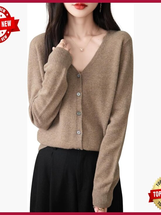 Sweaters - Women's 100% Merino Wool V-Neck Long Sleeve Lightweight Cardigan Sweater